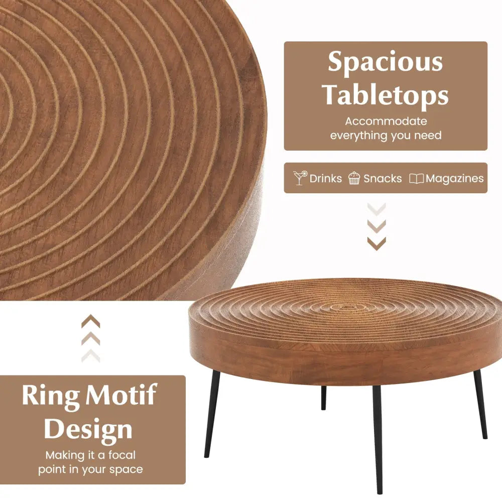 Set of 2 Solid Wood Ring Pattern Farmhouse Round Coffee Tables-Brown - Brown - Coffee Tables