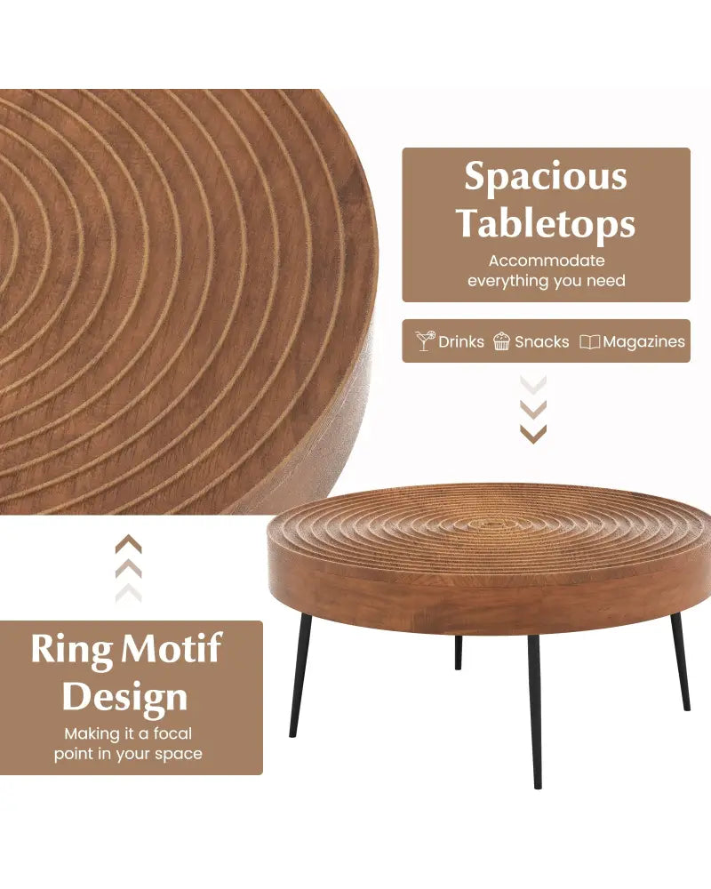 Set of 2 Solid Wood Ring Pattern Farmhouse Round Coffee Tables-Brown - Brown - Coffee Tables