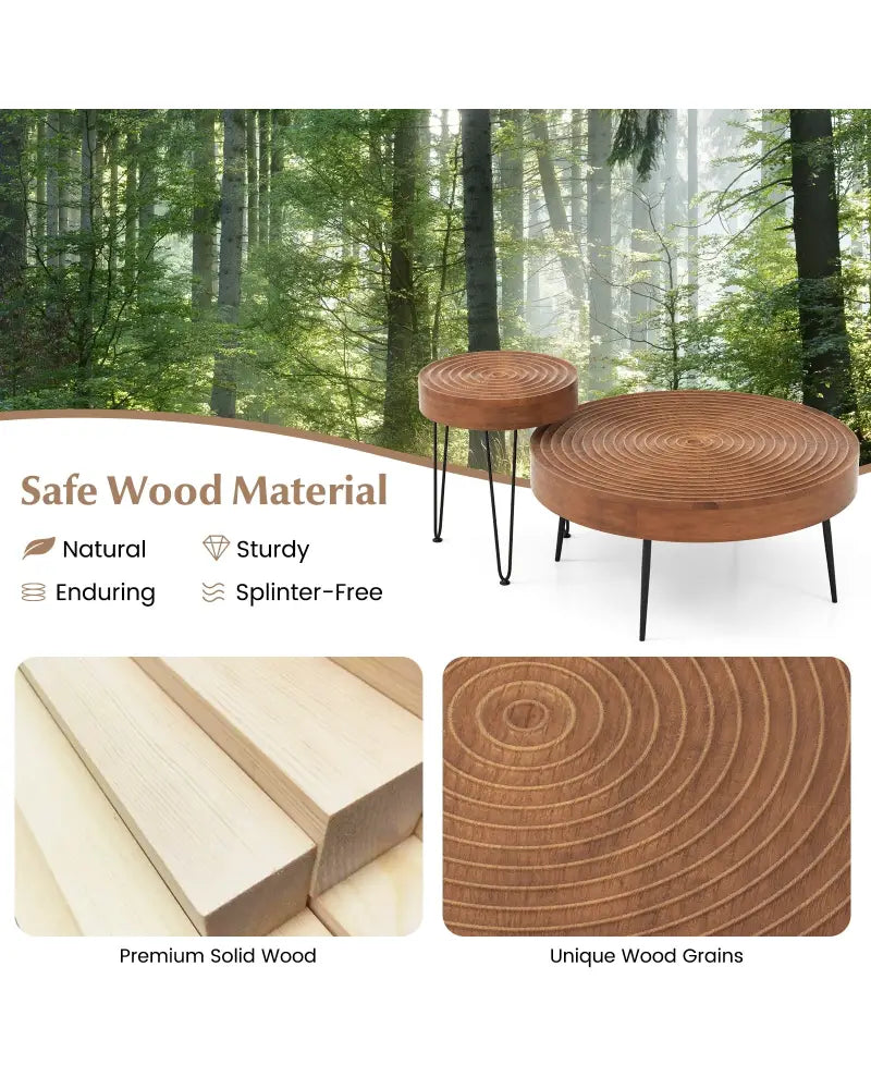 Set of 2 Solid Wood Ring Pattern Farmhouse Round Coffee Tables-Brown - Brown - Coffee Tables