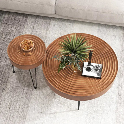 Set of 2 Solid Wood Ring Pattern Farmhouse Round Coffee Tables-Brown - Brown - Coffee Tables