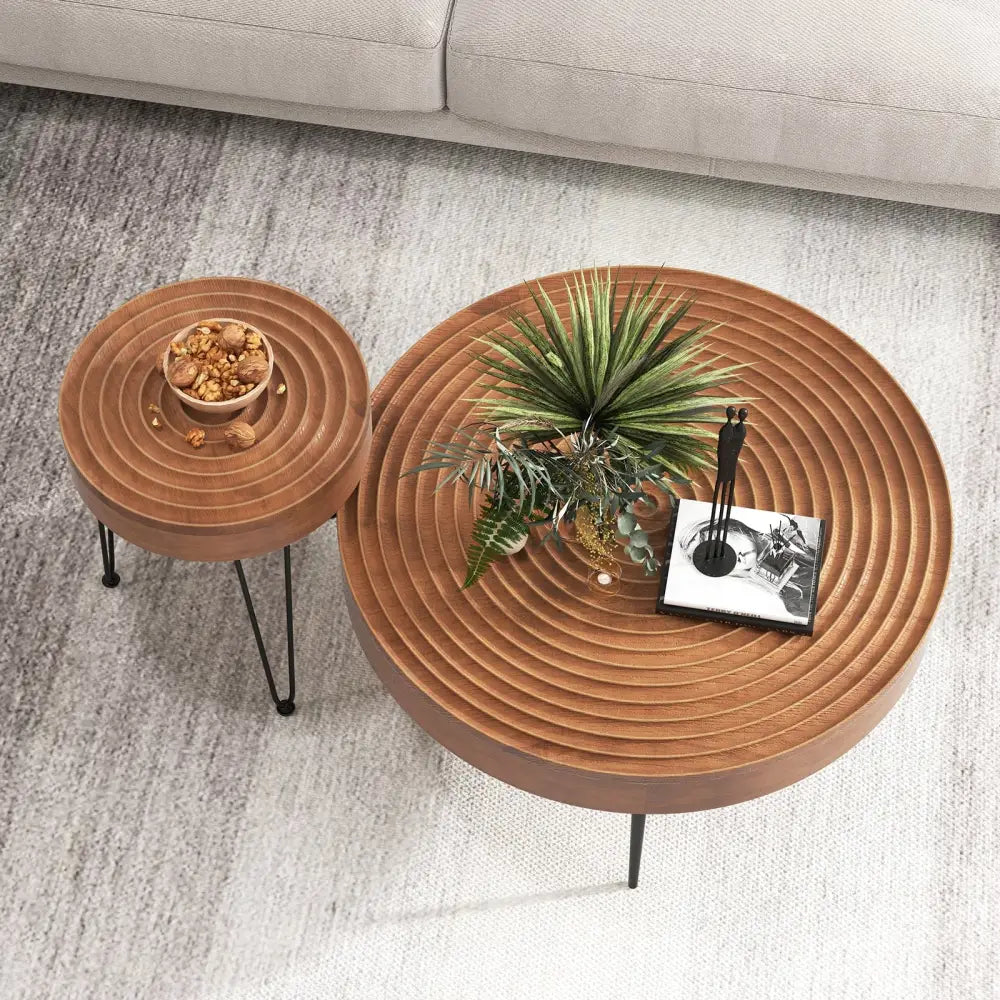 Set of 2 Solid Wood Ring Pattern Farmhouse Round Coffee Tables-Brown - Brown - Coffee Tables