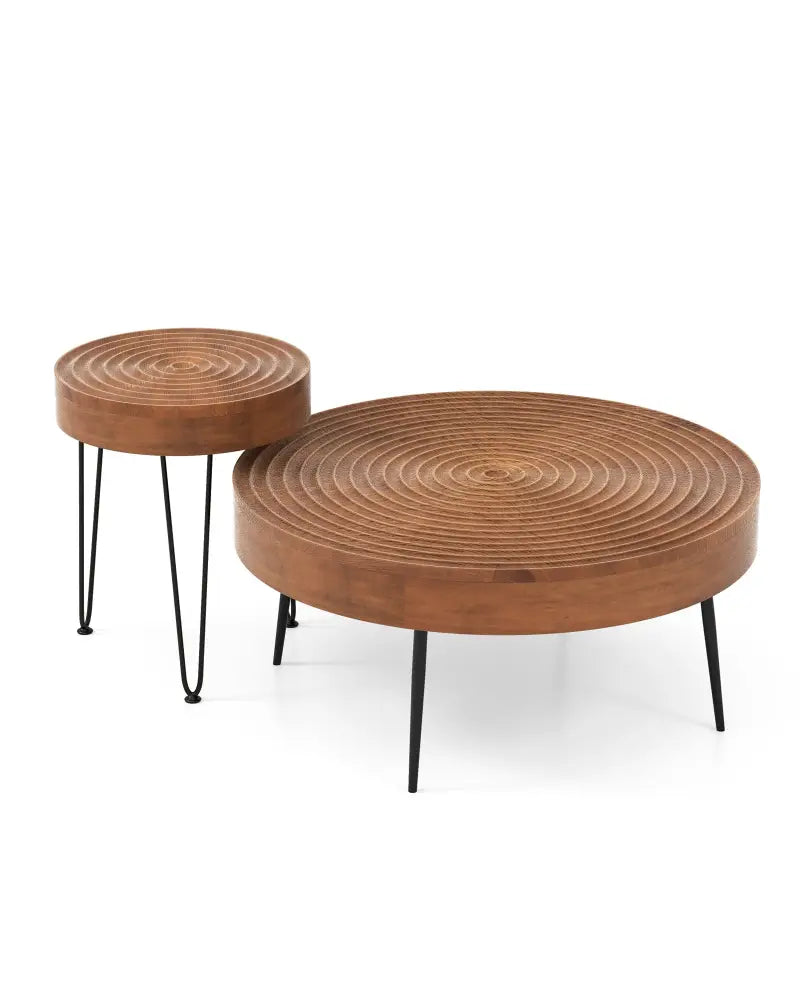 Set of 2 Solid Wood Ring Pattern Farmhouse Round Coffee Tables-Brown - Brown - Coffee Tables