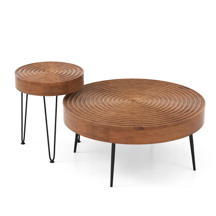 Set of 2 Solid Wood Ring Pattern Farmhouse Round Coffee Tables-Brown - Brown - Coffee Tables