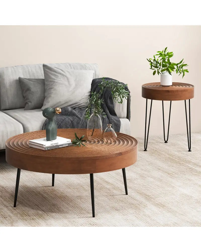 Set of 2 Solid Wood Ring Pattern Farmhouse Round Coffee Tables-Brown - Brown - Coffee Tables