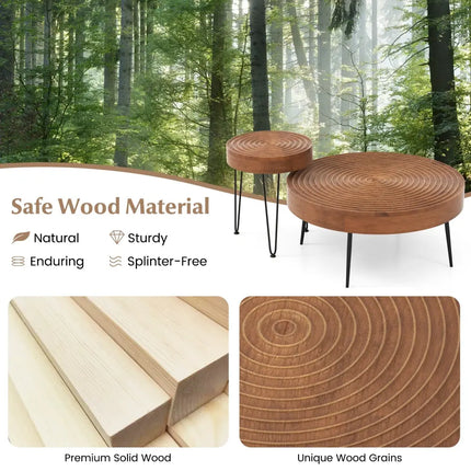 Set of 2 Solid Wood Ring Pattern Farmhouse Round Coffee Tables-Brown - Brown - Coffee Tables