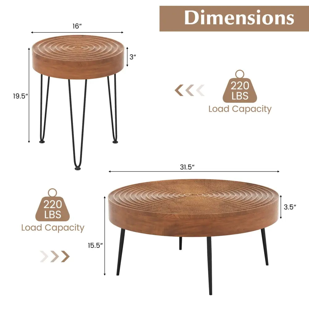 Set of 2 Solid Wood Ring Pattern Farmhouse Round Coffee Tables-Brown - Brown - Coffee Tables