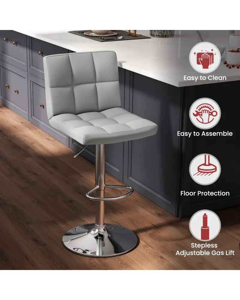 Set of 2 Square Swivel Adjustable Bar Stools with Back and Footrest-Gray - Gray - Bar Stools