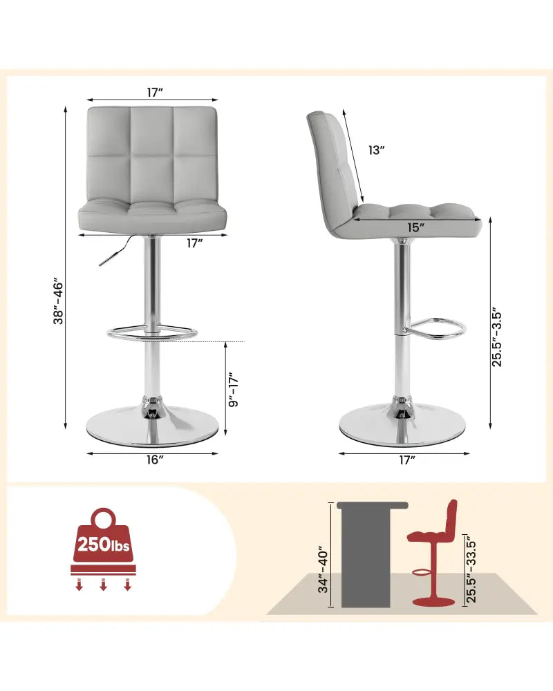 Set of 2 Square Swivel Adjustable Bar Stools with Back and Footrest-Gray - Gray - Bar Stools