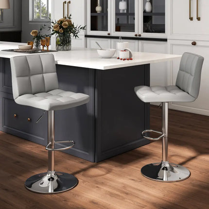 Set of 2 Square Swivel Adjustable Bar Stools with Back and Footrest-Gray - Gray - Bar Stools