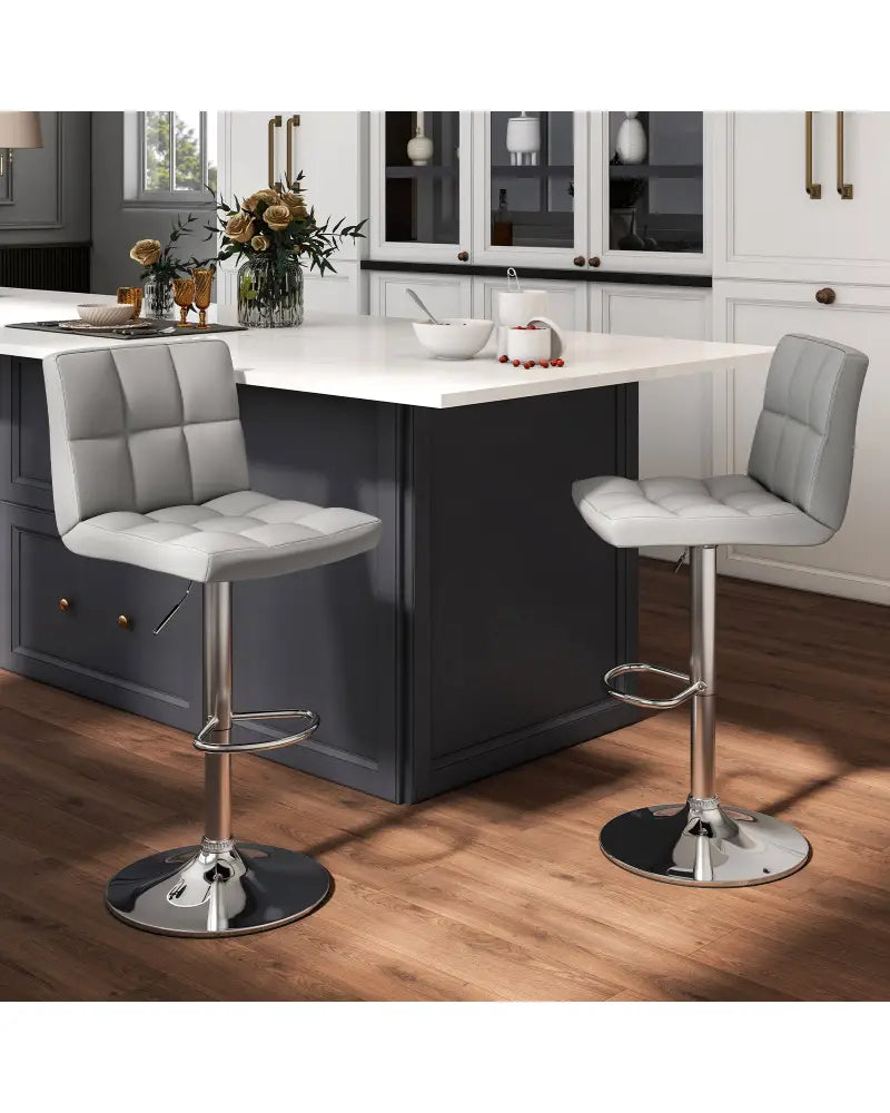 Set of 2 Square Swivel Adjustable Bar Stools with Back and Footrest-Gray - Gray - Bar Stools