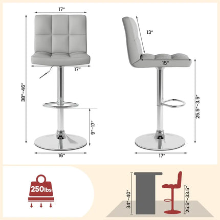 Set of 2 Square Swivel Adjustable Bar Stools with Back and Footrest-Gray - Gray - Bar Stools