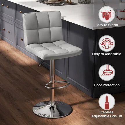Set of 2 Square Swivel Adjustable Bar Stools with Back and Footrest-Gray - Gray - Bar Stools