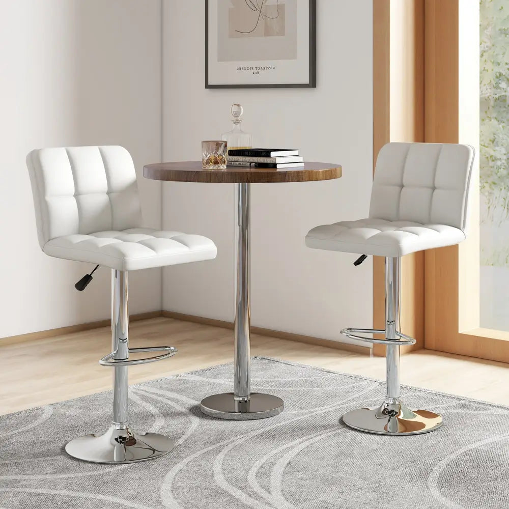 Set of 2 Square Swivel Adjustable PU Leather Bar Stools with Back and Footrest-White - White - Bar Stools