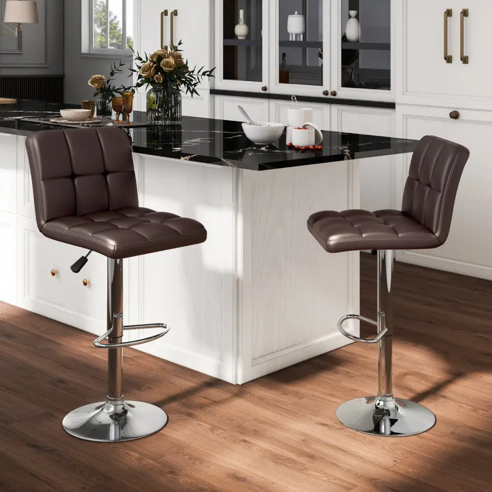 Set of 2 Square Swivel Adjustable PU Leather Bar Stools with Back and Footrest-Coffee - Brown - Bar Stools