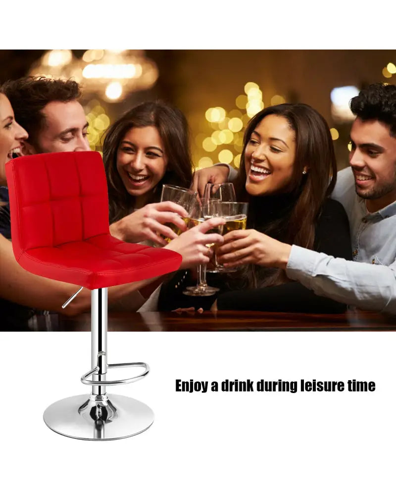 Set of 2 Square Swivel Adjustable PU Leather Bar Stools with Back and Footrest-Red - Red - Bar Stools