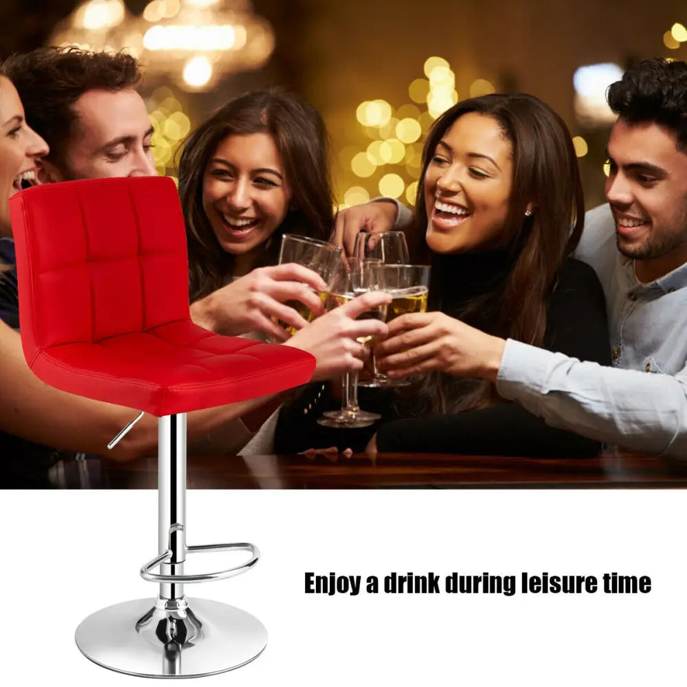 Set of 2 Square Swivel Adjustable PU Leather Bar Stools with Back and Footrest-Red - Red - Bar Stools