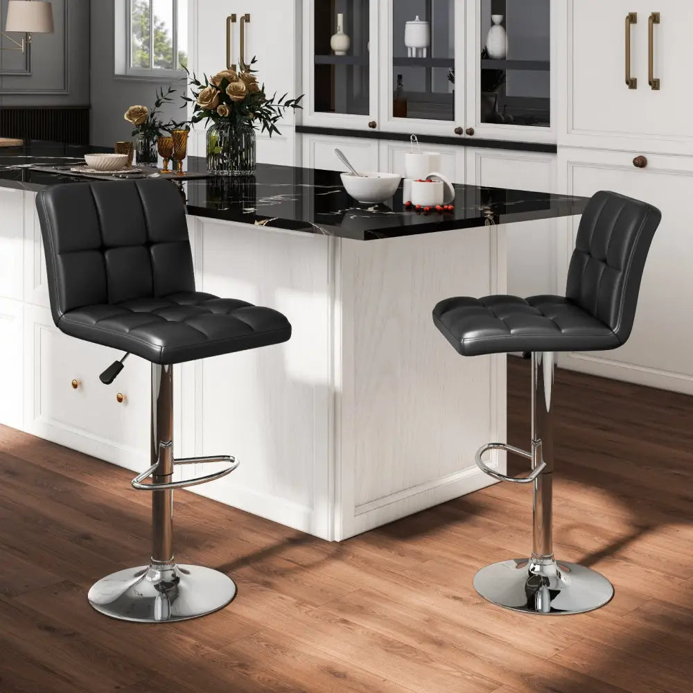 Set of 2 Square Swivel Adjustable PU Leather Bar Stools with Back and Footrest-Black - Black - Bar Stools