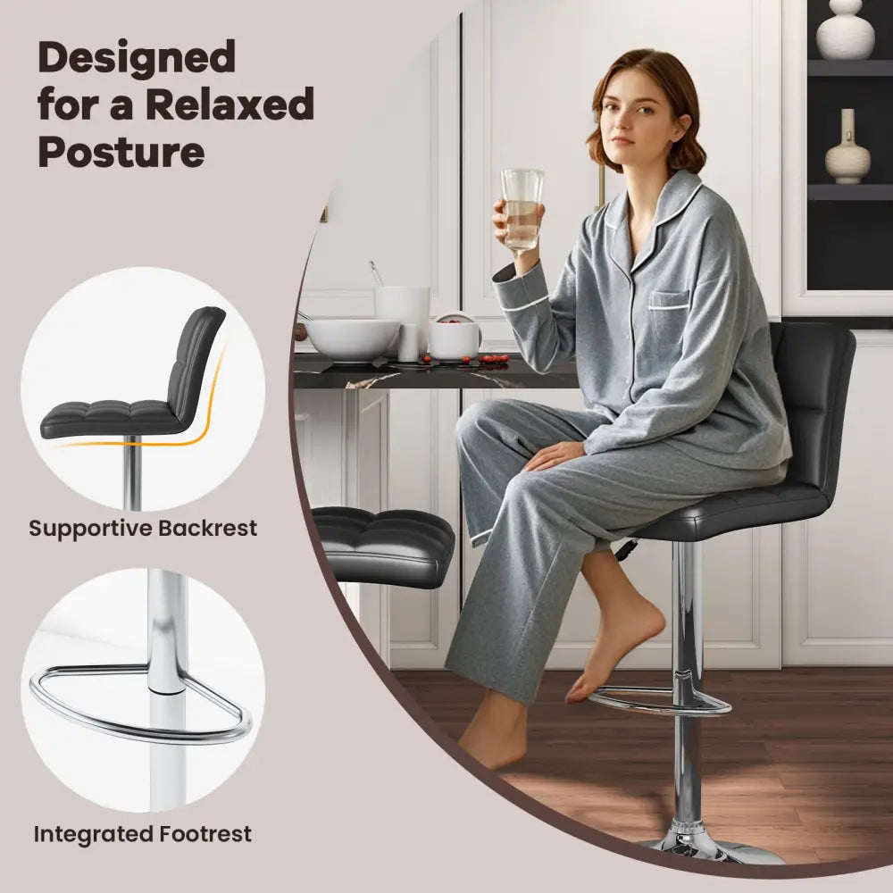 Set of 2 Square Swivel Adjustable PU Leather Bar Stools with Back and Footrest-Black - Black - Bar Stools