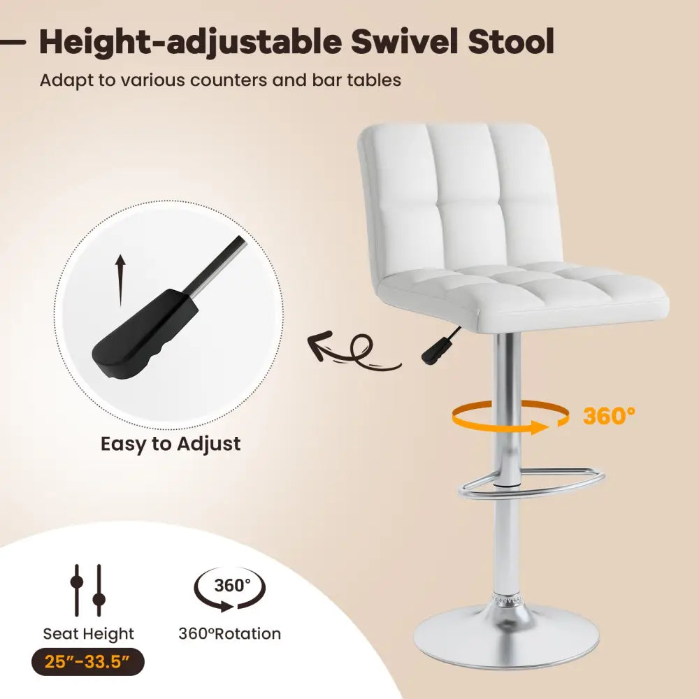 Set of 2 Square Swivel Adjustable PU Leather Bar Stools with Back and Footrest-White - White - Bar Stools