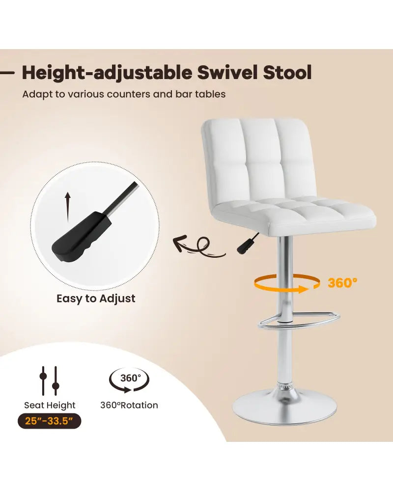 Set of 2 Square Swivel Adjustable PU Leather Bar Stools with Back and Footrest-White - White - Bar Stools