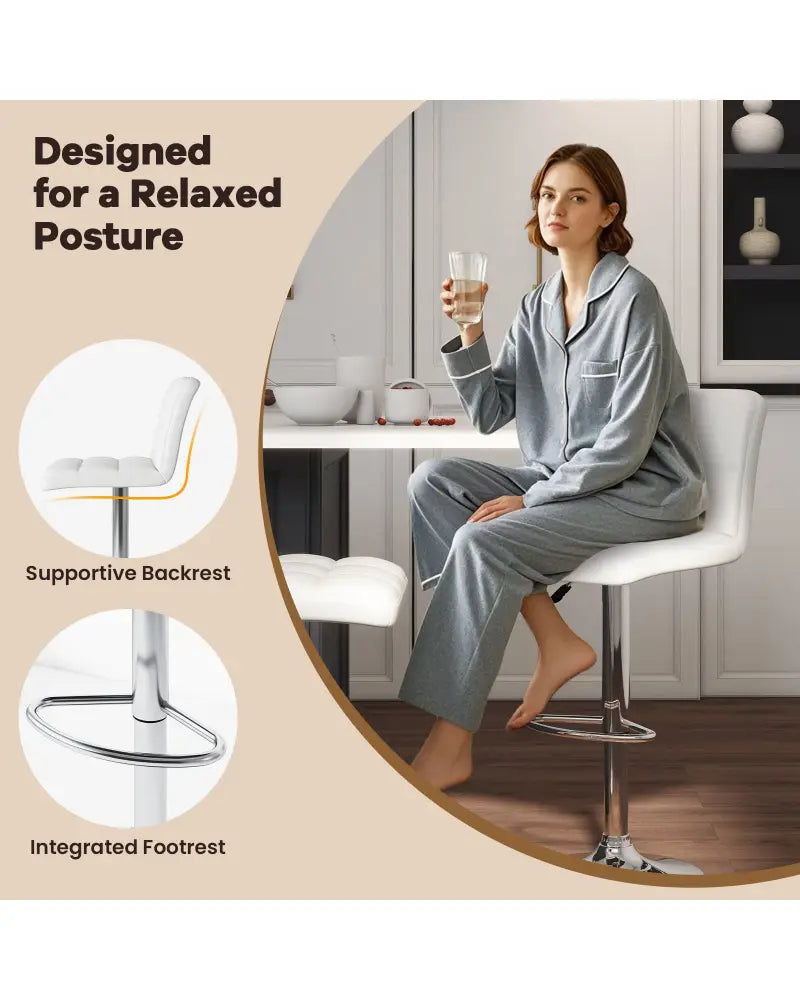 Set of 2 Square Swivel Adjustable PU Leather Bar Stools with Back and Footrest-White - White - Bar Stools