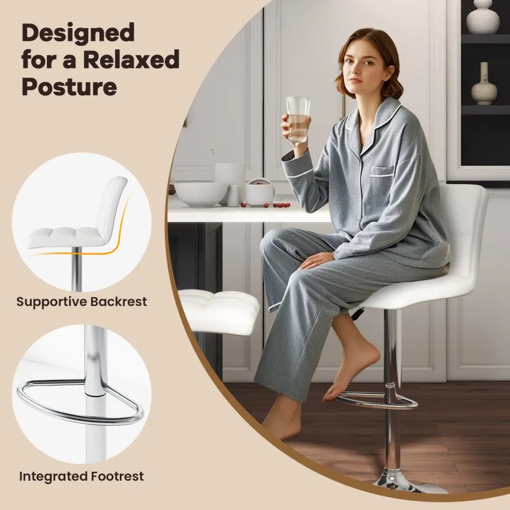Set of 2 Square Swivel Adjustable PU Leather Bar Stools with Back and Footrest-White - White - Bar Stools