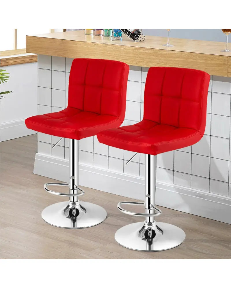 Set of 2 Square Swivel Adjustable PU Leather Bar Stools with Back and Footrest-Red - Red - Bar Stools