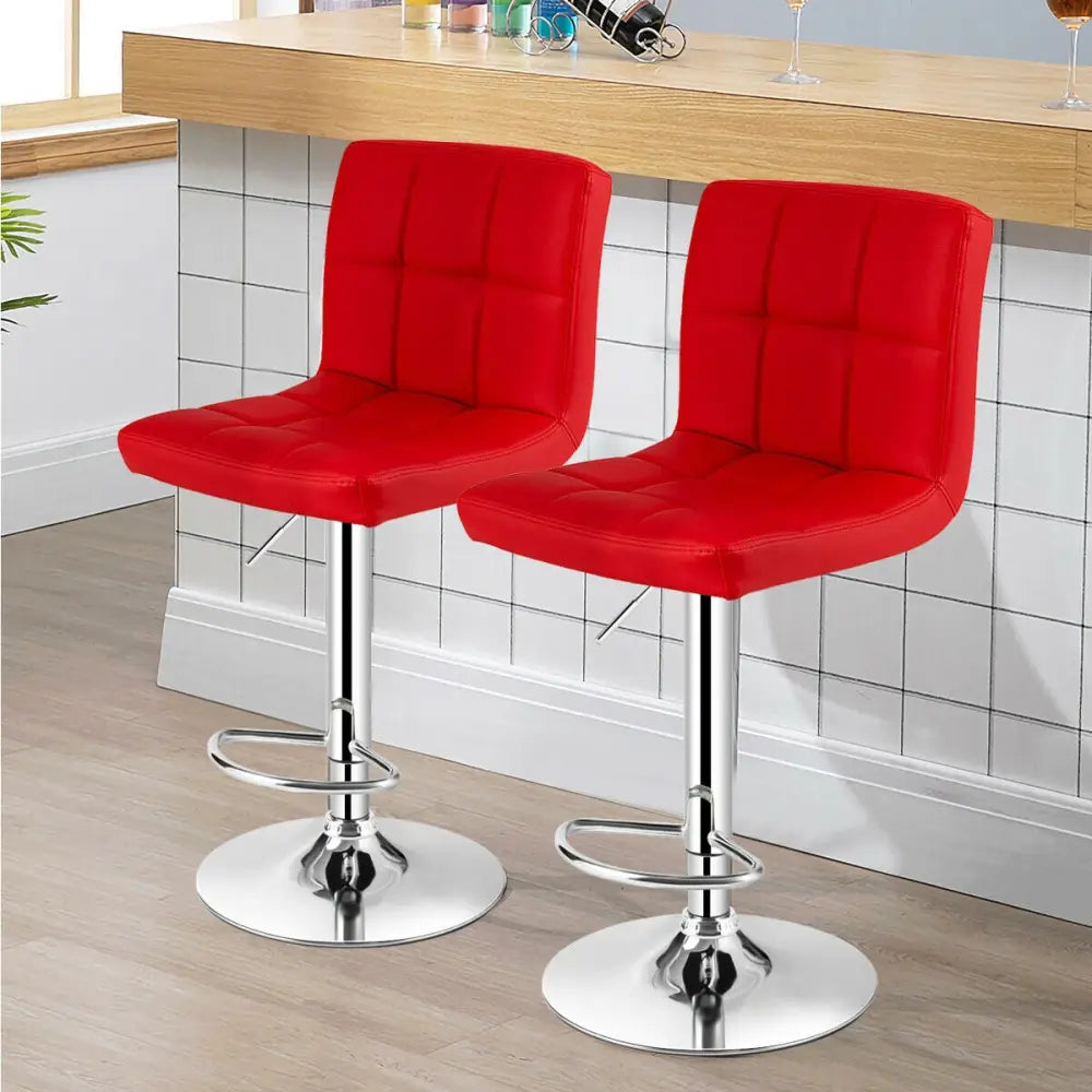 Set of 2 Square Swivel Adjustable PU Leather Bar Stools with Back and Footrest-Red - Red - Bar Stools