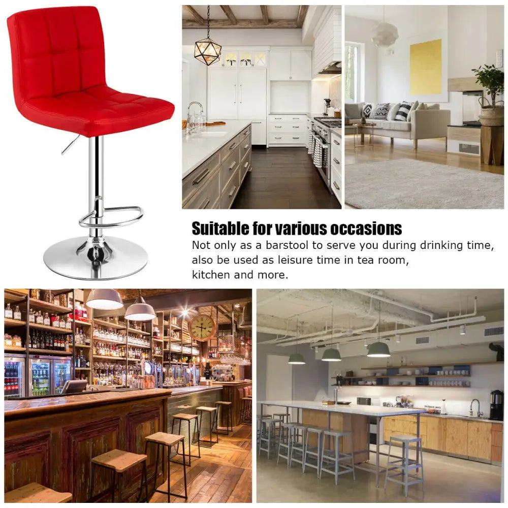 Set of 2 Square Swivel Adjustable PU Leather Bar Stools with Back and Footrest-Red - Red - Bar Stools