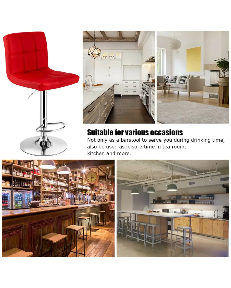 Set of 2 Square Swivel Adjustable PU Leather Bar Stools with Back and Footrest-Red - Red - Bar Stools