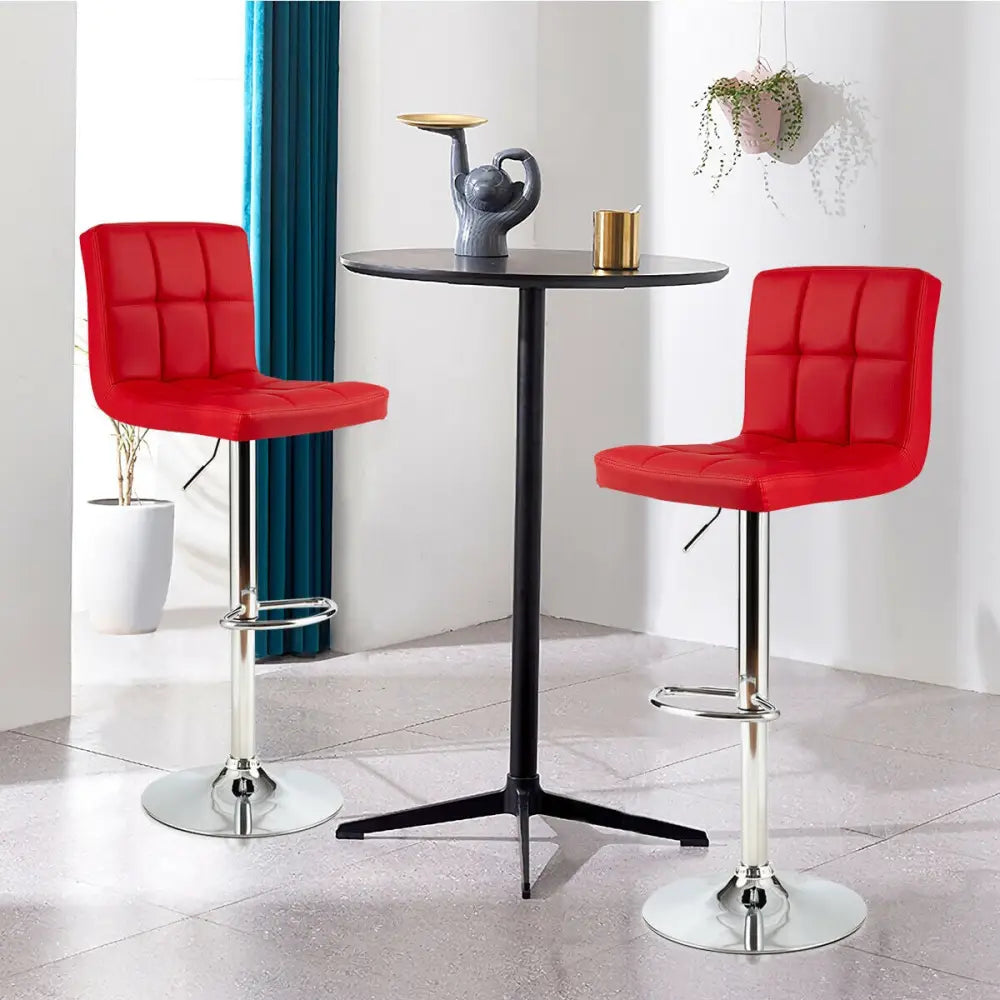 Set of 2 Square Swivel Adjustable PU Leather Bar Stools with Back and Footrest-Red - Red - Bar Stools