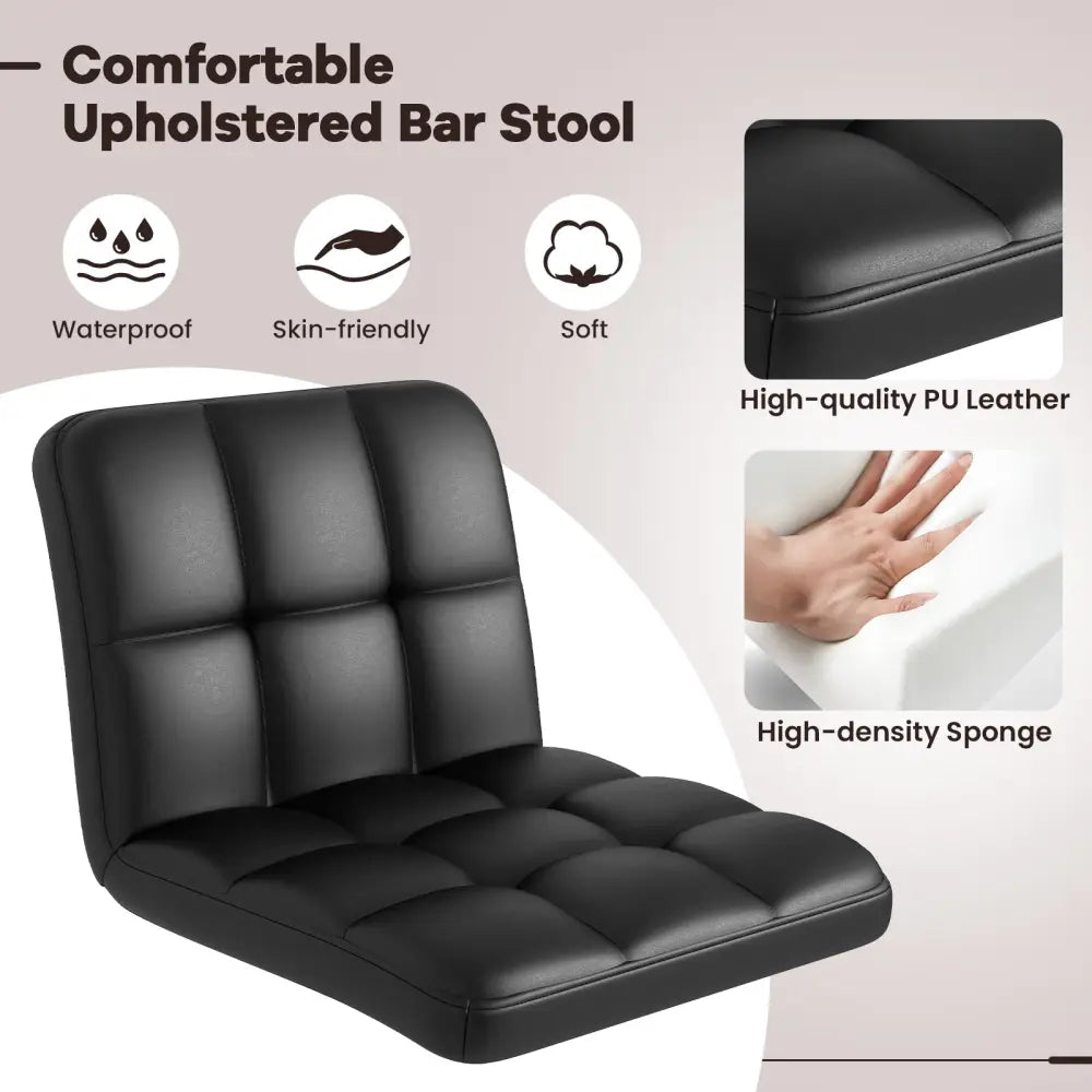 Set of 2 Square Swivel Adjustable PU Leather Bar Stools with Back and Footrest-Black - Black - Bar Stools