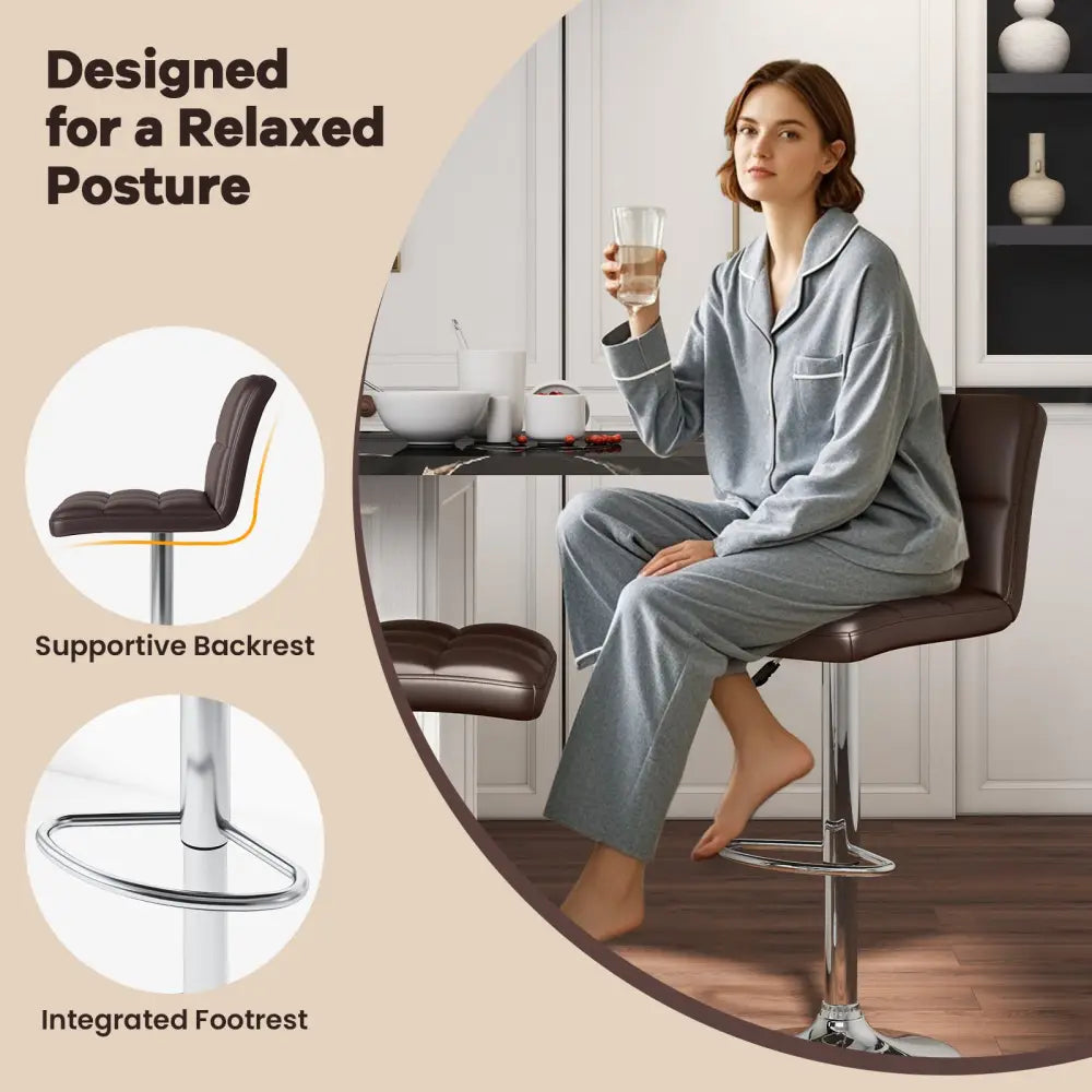 Set of 2 Square Swivel Adjustable PU Leather Bar Stools with Back and Footrest-Coffee - Brown - Bar Stools