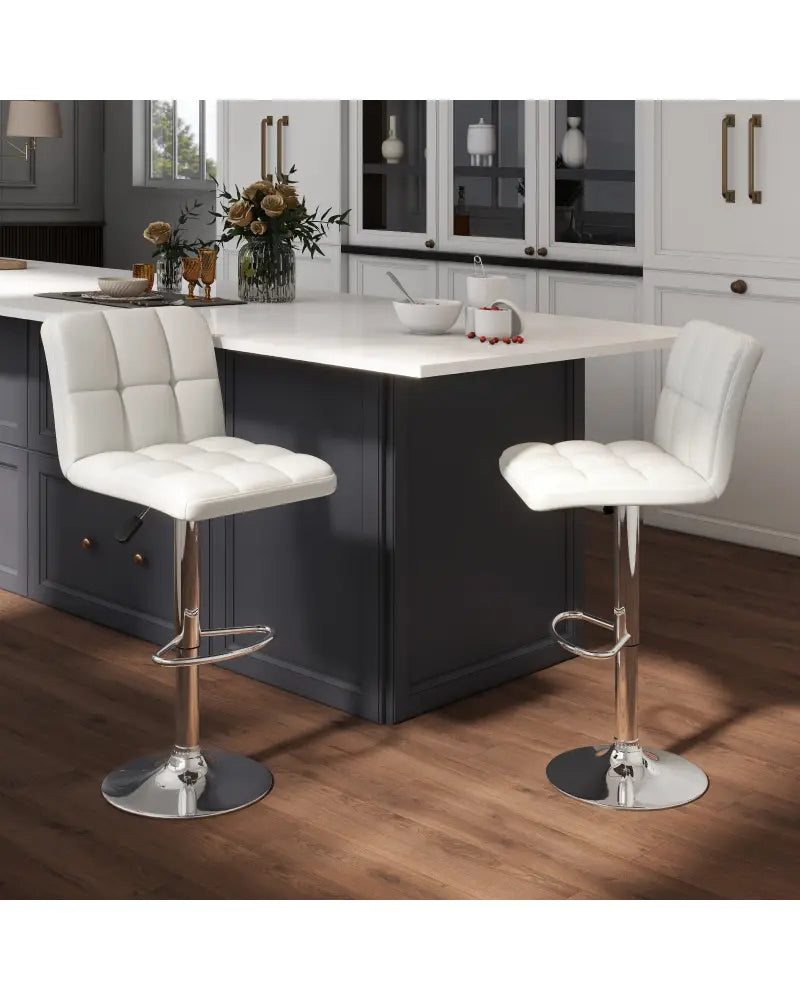 Set of 2 Square Swivel Adjustable PU Leather Bar Stools with Back and Footrest-White - White - Bar Stools