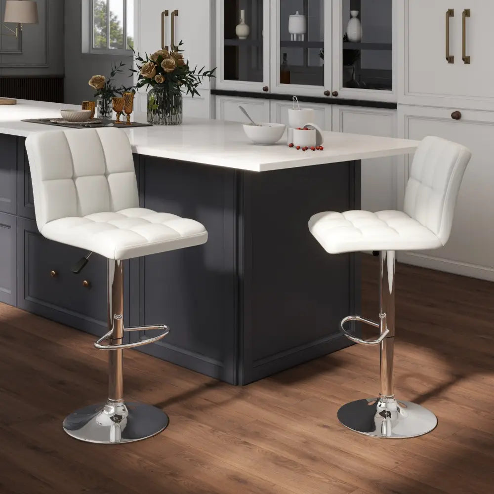 Set of 2 Square Swivel Adjustable PU Leather Bar Stools with Back and Footrest-White - White - Bar Stools