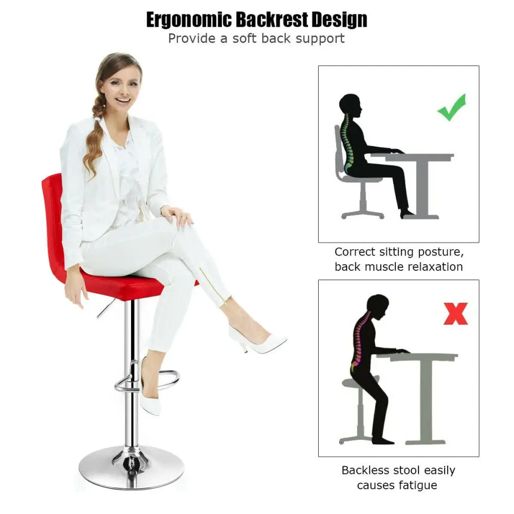 Set of 2 Square Swivel Adjustable PU Leather Bar Stools with Back and Footrest-Red - Red - Bar Stools
