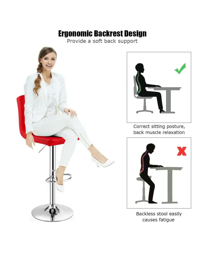 Set of 2 Square Swivel Adjustable PU Leather Bar Stools with Back and Footrest-Red - Red - Bar Stools