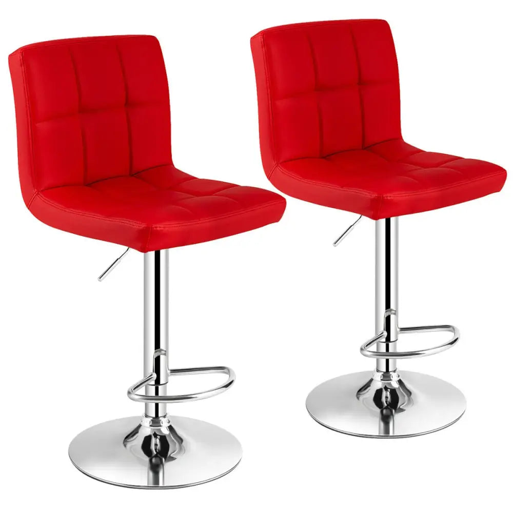 Set of 2 Square Swivel Adjustable PU Leather Bar Stools with Back and Footrest-Red - Red - Bar Stools