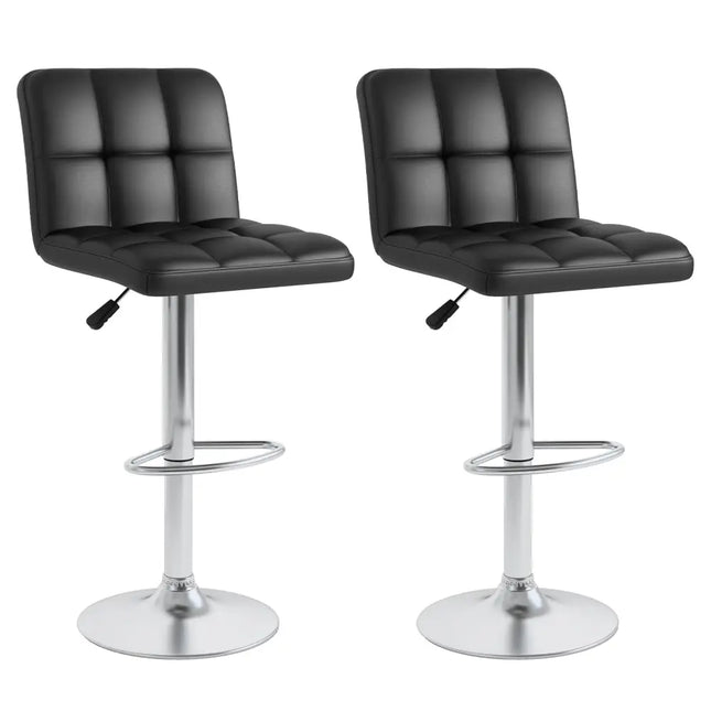 Set of 2 Square Swivel Adjustable PU Leather Bar Stools with Back and Footrest-Black - Black - Bar Stools