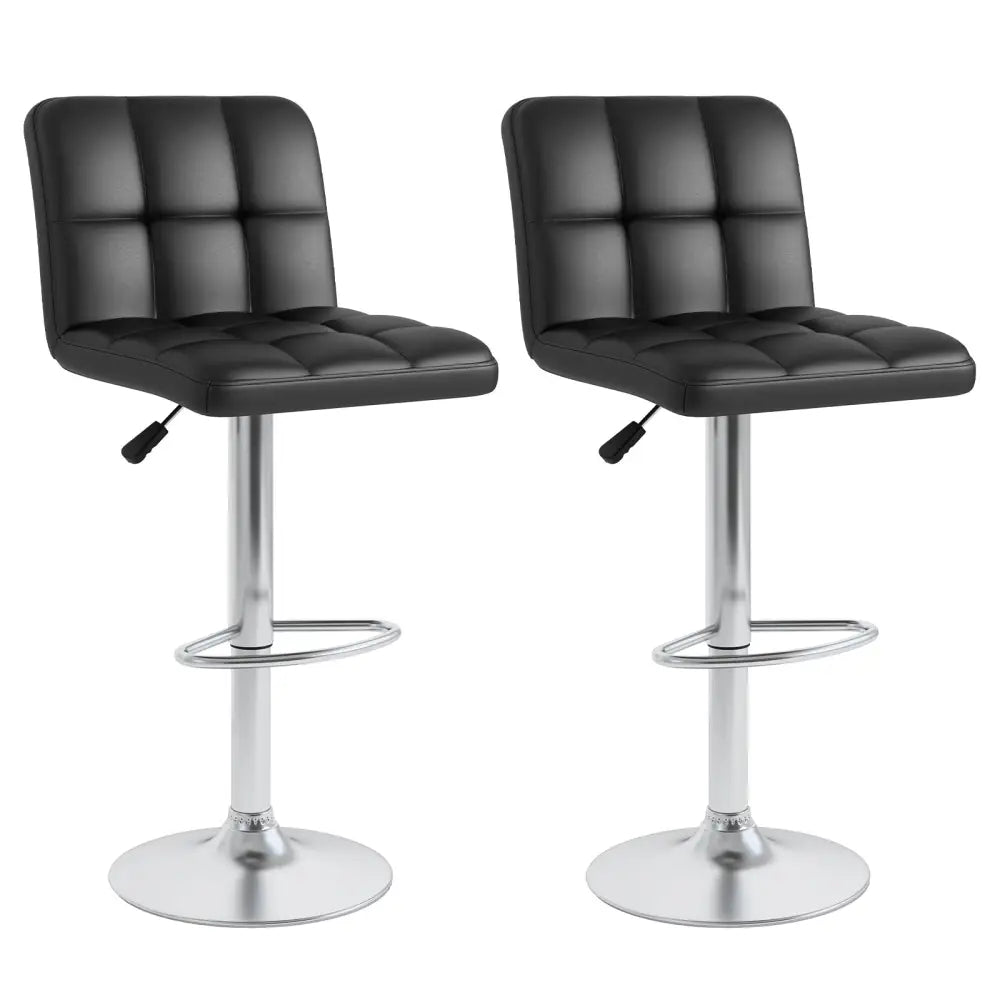Set of 2 Square Swivel Adjustable PU Leather Bar Stools with Back and Footrest-Black - Black - Bar Stools