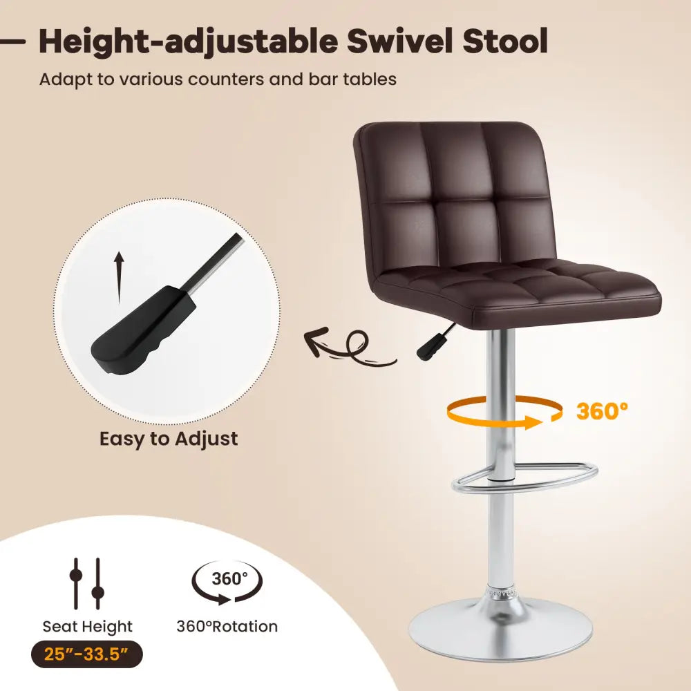 Set of 2 Square Swivel Adjustable PU Leather Bar Stools with Back and Footrest-Coffee - Brown - Bar Stools