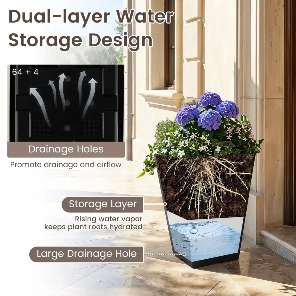 Set of 2 Square Taper Planter with Optional Drainage Hole and Removable Inner Bucket-Black - Black - Raised Garden Beds