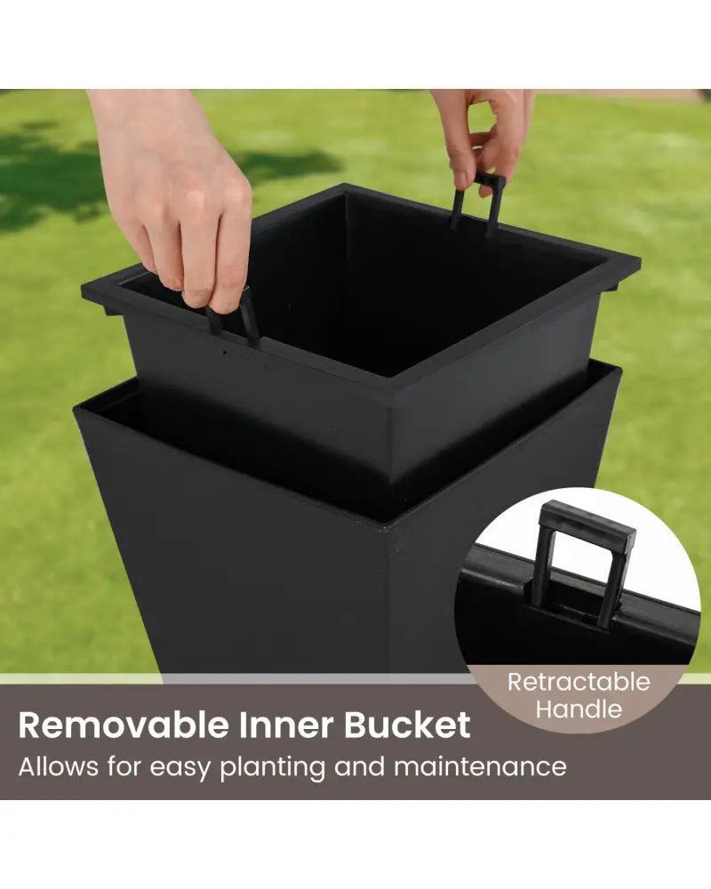 Set of 2 Square Taper Planter with Optional Drainage Hole and Removable Inner Bucket-Black - Black - Raised Garden Beds