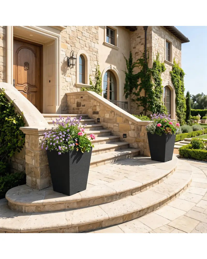 Set of 2 Square Taper Planter with Optional Drainage Hole and Removable Inner Bucket-Black - Black - Raised Garden Beds