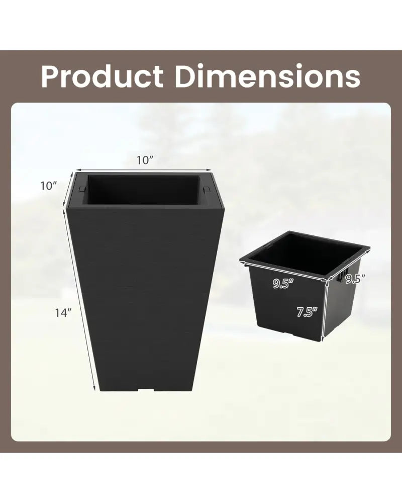 Set of 2 Square Taper Planter with Optional Drainage Hole and Removable Inner Bucket-Black - Black - Raised Garden Beds