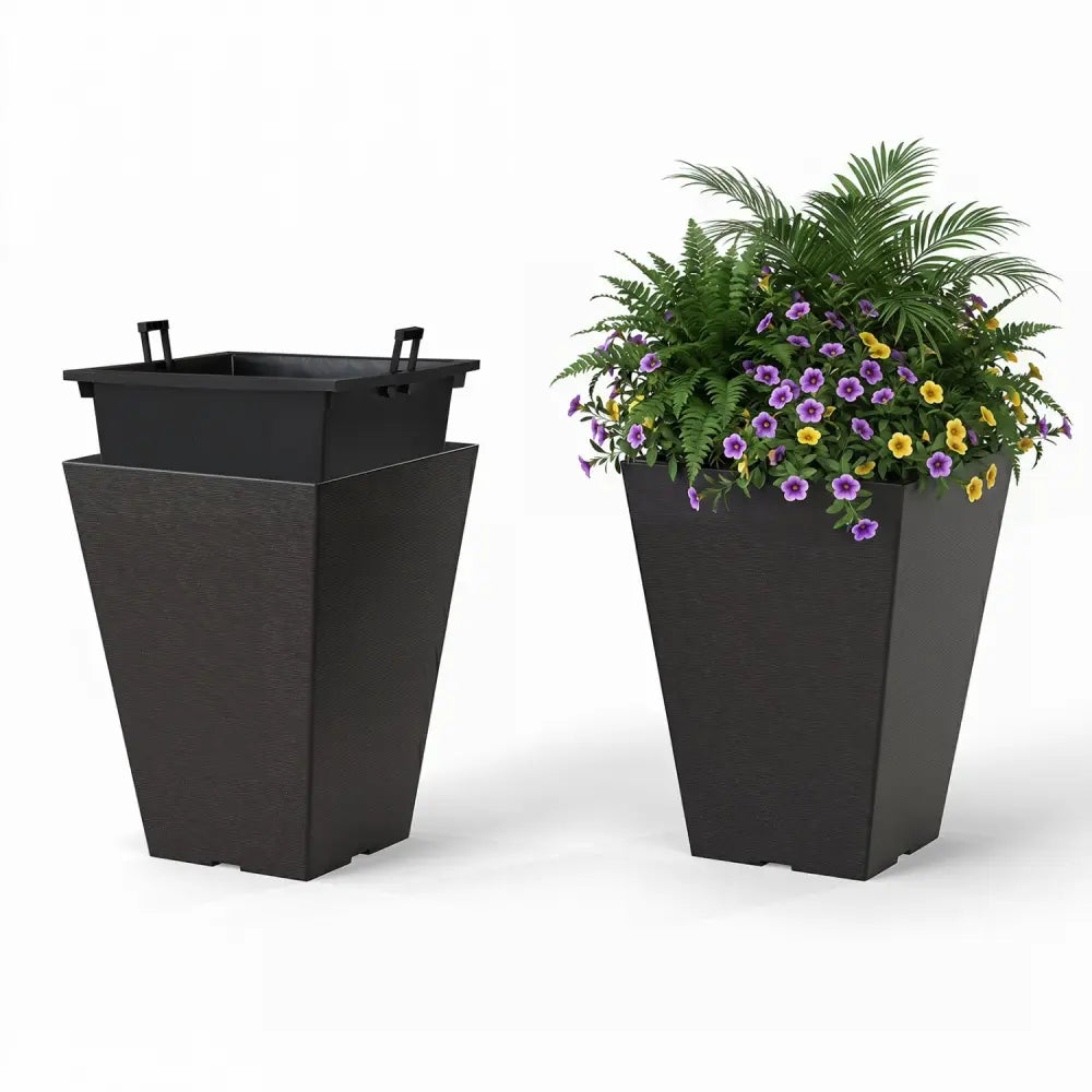 Set of 2 Square Taper Planter with Optional Drainage Hole and Removable Inner Bucket-Black - Black - Raised Garden Beds