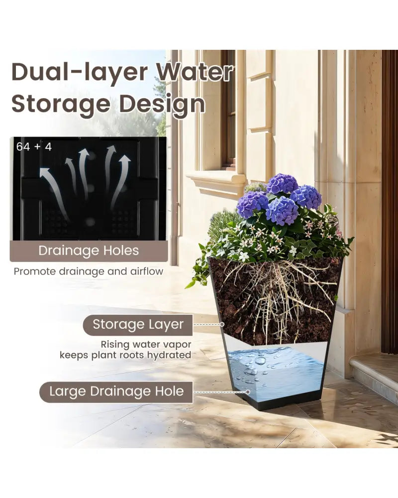 Set of 2 Square Taper Planter with Optional Drainage Hole and Removable Inner Bucket-Black - Black - Raised Garden Beds
