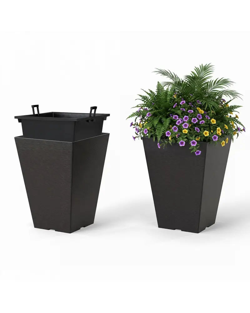Set of 2 Square Taper Planter with Optional Drainage Hole and Removable Inner Bucket-Black - Black - Raised Garden Beds