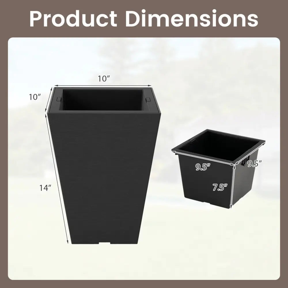 Set of 2 Square Taper Planter with Optional Drainage Hole and Removable Inner Bucket-Black - Black - Raised Garden Beds