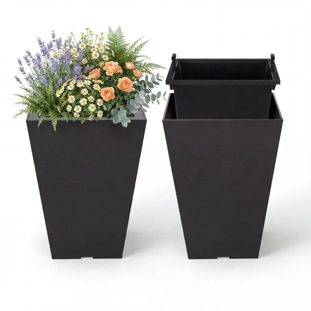 Set of 2 Square Taper Planter with Optional Drainage Hole and Removable Inner Bucket-Black - Black - Raised Garden Beds